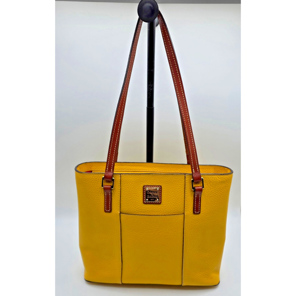 Dooney & Bourke Yellow Pebbled Leather Lexington Tote Bag - Brown Trim Zip Top